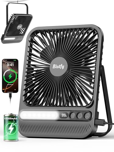 Bistfy 10000mAh Camping Ventilator Tragbarer Ultradünn Tischventilator mit Lampe, Max.28Std. Laufzeit, Leise, Timer, Display, Haken, Akku Ventilator für Camping Reisen Outdoor Büro Schlafzimmer