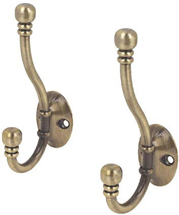 2 x Metal Double Antique Brass Hat and Coat Hooks Door Robe Dress Ball End