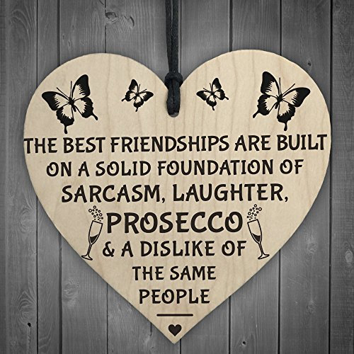 RED OCEAN Best Friendships Foundation Is Prosecco Wooden Hanging Heart Alcohol Joke Sign Novelty Plaque Gift
