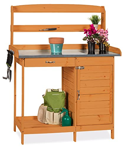 Best Choice Products Outdoor Garden Wooden Potting Bench Work Station w/Metal Table Top, Pre-Stained Finish, Cabinet, Sliding Drawer, Large Bottom Shelf - Brown