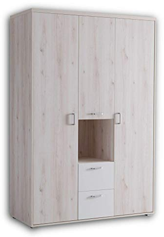 Stella Trading CUBY Eleganter Kleiderschrank Babyzimmer 3-türig - Vielseitiger Drehtürenschrank mit viel Stauraum in Aurum Optik & Weiß - 133 x 198 x 56 cm (B/H/T)