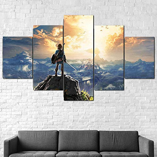 YOPLLL 5 Teilig Leinwand Wanddeko Gerahmtes Malerei Leinwanddrucke Geschenk 5 Stück Leinwand Bilder Moderne Wandbilder XXL Wohnzimmer Wohnkultur Zelda Atem Der Wildnis(Gerahmt)