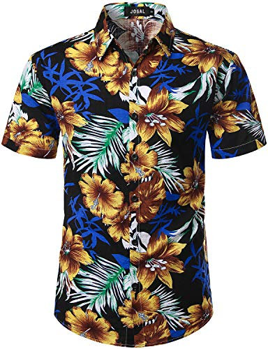 JOGAL Chemise hawaïenne, décontractée, à manches courtes, pour homme, motif floral, Noir/jaune/bleu nuit, XXL