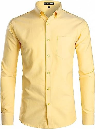PARKLEES Men's Slim Fit Long Sleeve Smart Casual Button Down Oxford Shirts PZ111 Yellow L