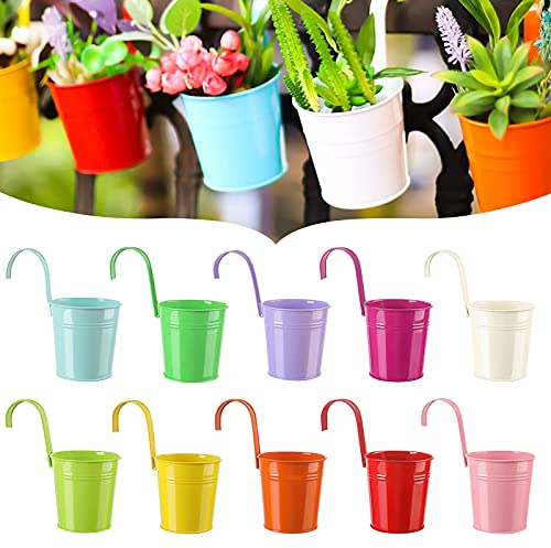 POOPHUNS Set di 10 vasi da fiori colorati da appendere con gancio staccabile, secchi in metallo da appendere per balconi, fioriere, recinzioni, pareti, decorazioni colorate da giardino per la casa