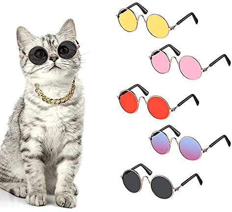 5 Stück Haustier Brille, Mode Hunde Katzen Runde Brillen, Haustier Sonnenbrille, Klein Hund Sonnenbrille, Sonnenbrille für Haustiere, Retro Haustier Sonnenbrille, für Katzen Welpen Klein Mittel Hund