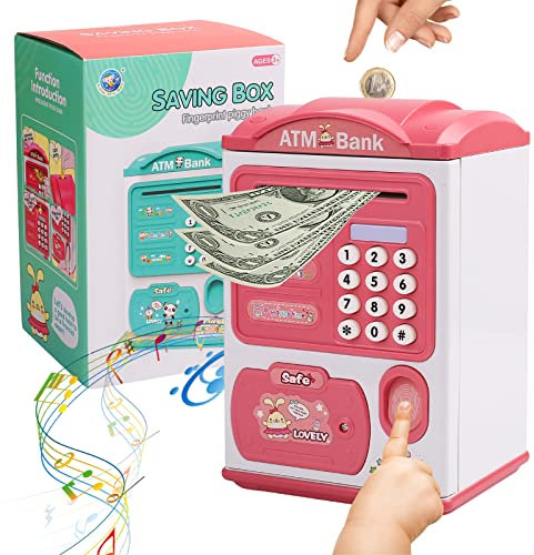 JNUYISW Tirelire Électronique pour Enfants, Mini ATM Tirelire avec Code et Empreinte Digitale Money Box pour Pièces de Monnaie, Argent Liquide Coffre-Fort Meilleur Cadeau pour Enfants 3-12 Ans