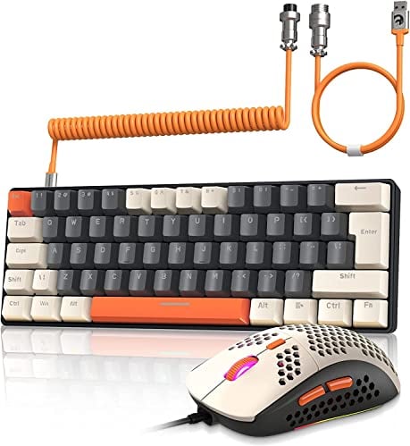 ZIYOU LANG Wired Gaming-Tastatur und Maus Combo mit Spiral USB-C Kabel T60 Pro - Kompakt 60% UK Layout(QWERTY) Mechanische Tastatur Klicke Blue Switch, 6400DPI Ultra-light RGB Mäuse für PC/Mac-Glimmer