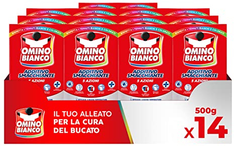 Omino Bianco - Additivo Lavatrice Totale in Polvere 5 Azioni in 1 per Bucato, Azione Smacchiante e Igienizzante, 500 g x14