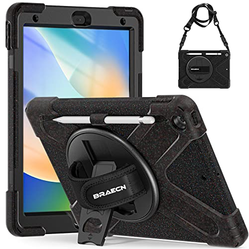 BRAECN pour Coque iPad 9ème/8ème/7ème Génération 10,2 Pouces 2021/2020/2019, Étui de Robuste avec Film Protection, Porte-Stylet, Support Rotatif à 360° et Dragonne, Bandoulière, Lumière étoilée Noire