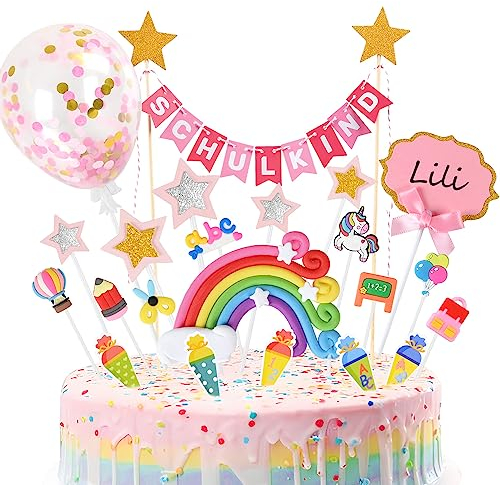 iZoeL Tortendeko Einschulung Mädchen Rosa Schulkind Girlande Schulanfang Kuchendeko Zuckertüte Kuchen Deko ABC 123 Ballon Tortenaufsätze Torten Cupcake Muffin Topper