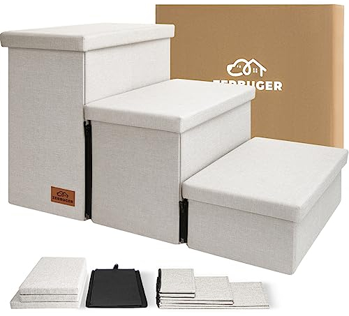 Zerbuger Hundetreppe mit Stauraum, 45,7 cm hoch, 3-stufige breitere Hundetreppe für kleine, mittelgroße und große alte Hunde und Katzen, zusammenklappbar, stabile Haustiertreppe, Kletterbett oder