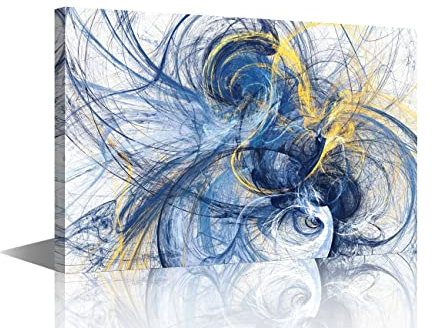 Abstract Blue and Yellow Color Canvas Wall Art Modern Futuristic Dynamic Painting Minimalist Art Print for Living Room Bedroom Bathroom Home Wall Decor Framed Ready to Hang 24x36inch