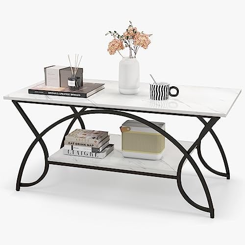 GIANTEX Couchtisch Marmor Schwarz, Kaffeetisch Teetisch 2 Ablagen, Wohnzimmertisch modern Sofatisch Teetisch 100x50x45 cm, Akzenttisch mit Metallbeinen, Beistelltisch mit Marmoroptik