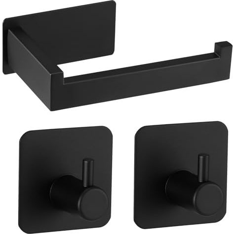 Viitech Roll Holder Wall Mounted with 2 Towel Hook, Self Adhesive Stainless Steel Toilet Paper Holder, No Drill Easy Installation Rustproof Toilet Tissues Holder for Bathroom (Black)