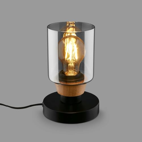 BRILONER – Nachttischlampe, Rauchglas, Kabelschalter Schreibtischlampe, Tischlampe E27 für Home Office, Leselampe, Schwarz-Holz