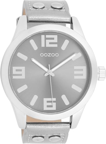 Oozoo - Timepieces Damen Uhr metallic Silver | Armbanduhr Damen mit Lederarmband | Moderne Uhr für Frauen - Edle Analog Damenuhr in rund C1082 (46mm)