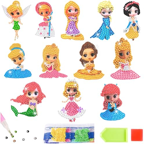 YOUYIKE 12 Stück Diamond Painting Kinder Set, DIY Prinzessin Diamant Aufkleber Kit, 5D DIY Cartoon Diamant Painting Mädchen für Kinder und Erwachsene Anfänger, Geburtstags Geschenk für Mädchen