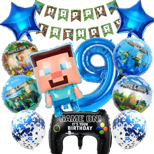 12 Stück Pixe Geburtstagsdeko 9 Jahre Junge, Pixe Ballons Geburtstag Set, Kindergeburtstag Luftballons, Geburtstag Party Deko Ballons Set für Kinder (9)