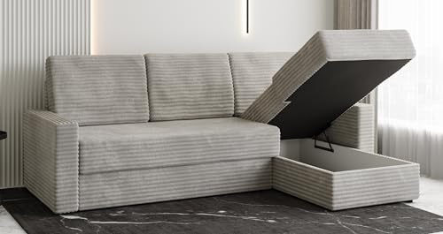 Verona Idee Ecksofa L-Form UNO mit Schalffunktion und Bettkasten 229 * 160 * 104 Cord - Ecksofa zum Entspannen Bettsofa Moderne Stil - Otomane Rechts Beige