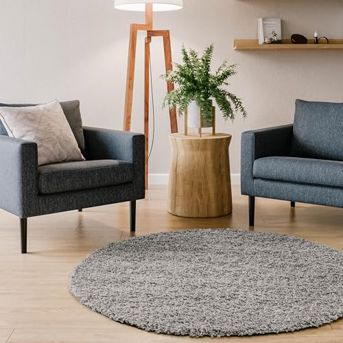 Interiyou Hochflor Teppich Sofia - 80x80 cm Rund Hellgrau - flauschig und einfarbig - waschbar und rutschfest - weicher Langflor