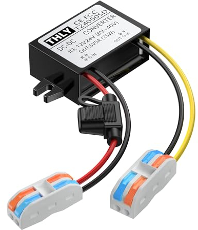 Transformador 8-40v a 5v, Convertidor DC 12V a DC 5V(Acepta entradas DC 8-40V) 5A 25W con Fusible a Prueba de Agua Y Bloque de Terminal Rápido de Resorte, para Electrónica de Automóvil Camión.