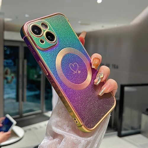 ZTOFERA Magnetic Case for iPhone 14, [Compatible with MagSafe] Luxury Fluorescent Iridescent Matte Silicone Case with Cute Love Heart Pattern Plated Rim Shockproof Cover, Colorful