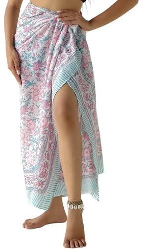 THE ART BOX Paréo 100% Coton pour Femme, imprimé Main Indienne, paréo, Cache-Maillot de Bain Long (185,4 x 109,2 cm), Rose/Vert, Taille Unique