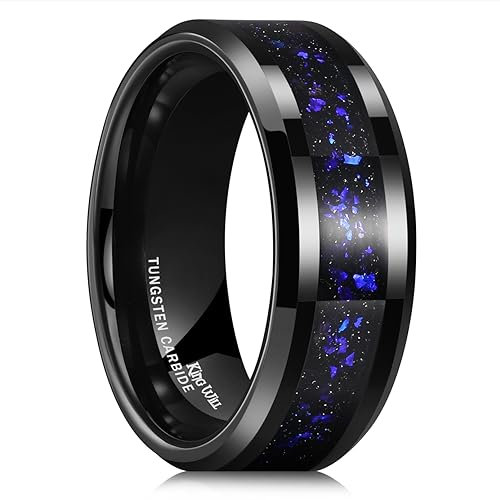 King Will Tungsten Wedding Band Promise Ring for Men 8mm Black High Polished Ring with Black Sand Inlay Blue Purple Sparkles R(9)
