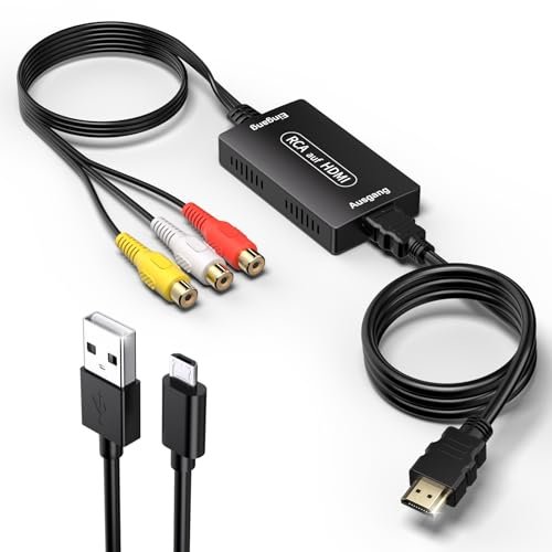 Gulemfy Convertidor RCA a HDMI, Adaptador RCA a HDMI, 1080P Compuesto CVBS AV a HDMl Video Audio Converter, Compatible con 720P/1080P, PAL/NTSC, para PS2 PS3 Xbox SNES N64 STB VHS VCR DVD