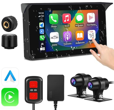 VSYSTO Wireless Carplay and Android Auto Motorcycle Dash Camera with 5 Touchscreen, Tire Pressure Sensors, WiFi Waterproof 1080P Starlight Night Vision Front and Rear Camera, Bluetooth, GPS (CS5)