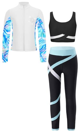 Jugaoge Kinder Mädchen Eiskunstlauf Trainingsanzug Kontrastfarbene Jacke + bauchfreies Crop Top Sport BH + Eislaufen Hose Kleidung Set Hellblau 110-116