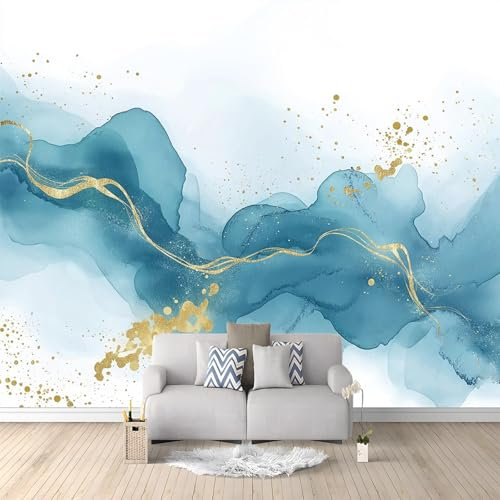 Papier Peint Panoramique 3D intissé 300 x 210 cm Or Bleu Marbre Aquarelle Abstraite, Papier Peint pour Salon Chambre restaurant Chambre d’enfants et bébé Décoration Murale
