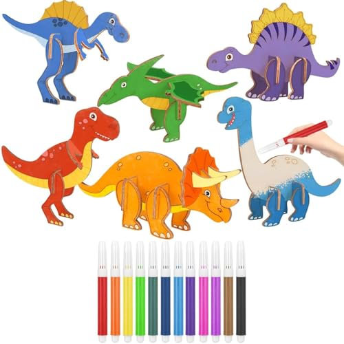 WeddHuis 6 Stück Dinosaurier Holz Bastelset für Kinder, 3D Puzzle Holz zum Bemalen und Basteln, DIY Dino Holzbastelsets, Kreative Kinderspielzeug, Bemalen Handwerk für Jungen Mädchen
