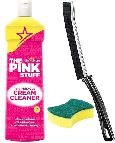 Cream Cleaner, Sponge & Crevice Cleaning Brush Bundle: Stardrops The Pink Stuff Miracle Cream Cleaner, High-Performance Scrub Sponge, & Precision Crevice Cleaning Brush for Tough Stains