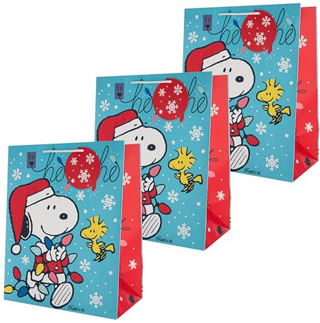 Hallmark Christmas Gift Bags, Snoopy & Woodstock, Large, 3-Pack | Peanuts Comics Design, H32.9cm X W26.4cm X D14.6cm, White Knitted Paper Handles, Red Snowflake Tag, Fully Recyclable Paper