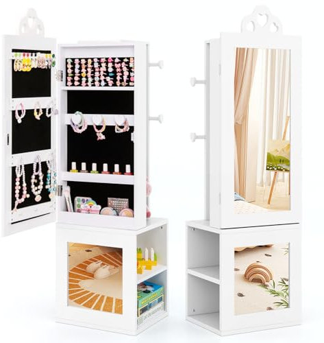 DREAMADE 4 in 1 Kinderspiegel mit Schmuckschrank & Kleiderständer & Ablage, Kinder Schmuckschrank aus Holz, Kinder freistehender Standspiegel für Kinder ab 3 für Kinderzimmer (Weiß)