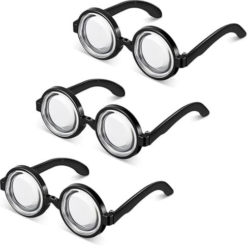 Techchii 3 Paar Nerd Brille, Runde Brille Ohne Stärke Schwarz Retro Lustige Brille für Karneval Mottoparty, für Oma Streber Verrückter Professor Erwachsene Kinder