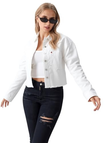 SWEETLOOK White Cropped Denim Jackets Women - Regular Fit Distressed Summer Jackets for Women UK, Casual Ladies Ripped Style Lightweight Spring Jeans Top