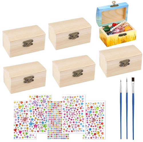OUTALIZ Holzkiste Klein, 6 Stück Kleine hölzerne Schatztruhe, Rechteckige Holzkiste, Schatztruhe Ohne Gravur, mit 5 Diamantaufklebern und 3 Pinseln, für Bastelarbeiten, Geburtstagsfeiern und DIY