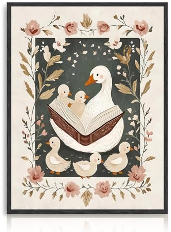 Dazzlewall Ente Kinderzimmer Wand Kunstdruck, Enten Lesebuch Blumen Poster Druck Boho Tier Leinwand Malerei für Kinder Kinderzimmer Spielzimmer Schlafzimmer, 12x16 zoll Ungerahmt