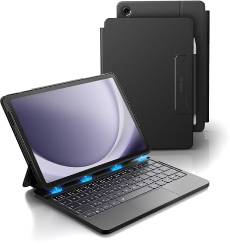 Dexnor Funda con Teclado para Samsung Galaxy Tab A9+ 2023 11 Pulgadas, Español Ñ Teclado con Ultrafino Desmontable, Trackpad Multitáctil, Retroiluminación, Funda Protectora con Portalápices, Negro