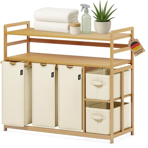XMHome Wäschekorb 188L mit 3 Wäschesäcken & 2 Aufbewahrungsboxen,Bambus | 5 Fächer Wäschesortierer mit Doppelablage Regal,Stabiler Wäschesammler,ausziehbar abnehmbar,Beige