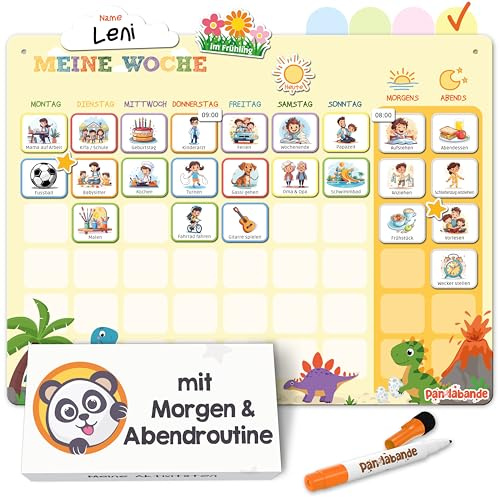 PANDABANDE 2-in-1 Routine & Wochenplaner Kinder mit 200 Magnete &Sortierbox | Montessori Routine Planer Kinder für mehr Selbstständigkeit - Magnetischer Wochenplan mit Morgenroutine & Abendroutine