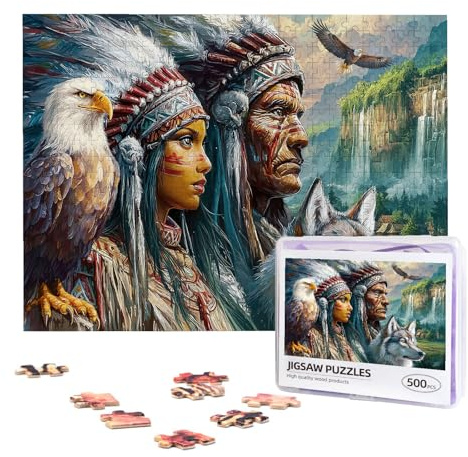 Native American Jigsaw Puzzles for Adults 500 Pieces Native American Puzzles Indian Women and Men Eagle Wolf Painting Wooden Puzzle for Fun Family Game Challenging Puzzle Home Decoration Gifts