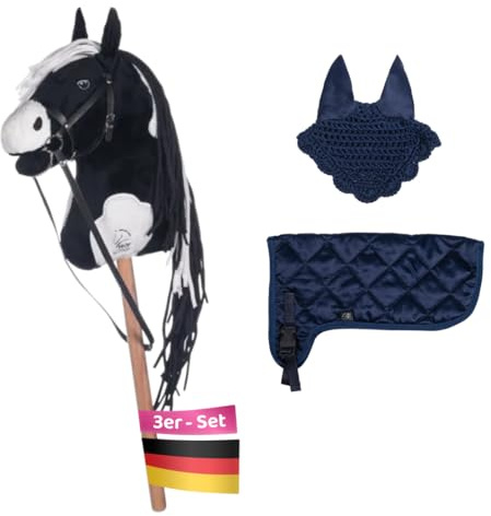 HobbyHorse24 Hobby Horse Set Schwarz Weiß mit Blauer Decke und Blauer Fliegenhaube, Steckenpferd für Kinder, Stockpferd mit Zubehör