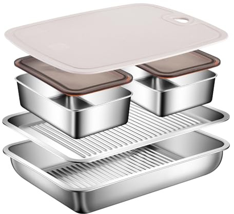 5-in-1-Grill-Tragesystem, Grillvorbereitungsschalen mit Schneidebrett | Drip Ez BBQ und Meal Prep Tub für Outdoor Grill, Fleischplatte zum Servieren, Marinierbehälter mit Deckel, Edelstahl