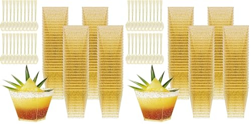 Woobroo Tasses à Dessert, 50Pcs 60ml/2oz Gold Coupes Gobelets Mini Tasses à Dessert Gobelets Verrines à Dessert Réutilisables pour Mousse,Tiramisu,Anniversaire, Or (Lot de 2)