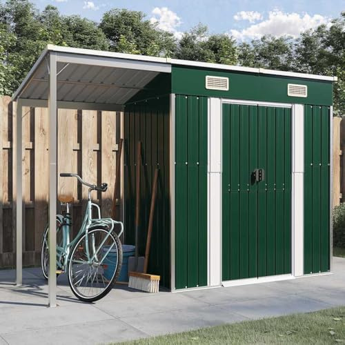 Massbinet Metall Gerätehaus Geräteschuppen mit Pultdach Fenster Abschließbarer Tür wetterfest Gartenhaus Outdoor Garten Schuppen für Hinterhof Außenbereich Grün 277x107x181 cm Stahl