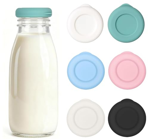 6 PCS Milk Bottle Tops [One Pint, Not 1L] Reusable Silicone Caps Without Bottles, Dishwasher Safe, Fully Leakproof, Multicolour, Perfect Fit For Uk One Pint Glass Milk Bottles (Multicolour)